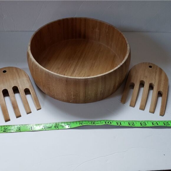 Wood Salad Bowl w/Salad Hands believed to be Bamboo - Picture 9 of 12